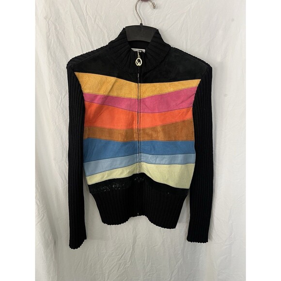 ST JOHN Lamb Suede Leather And Wool Sequin Striped Jacket Women Size S Full Zip - Picture 1 of 10